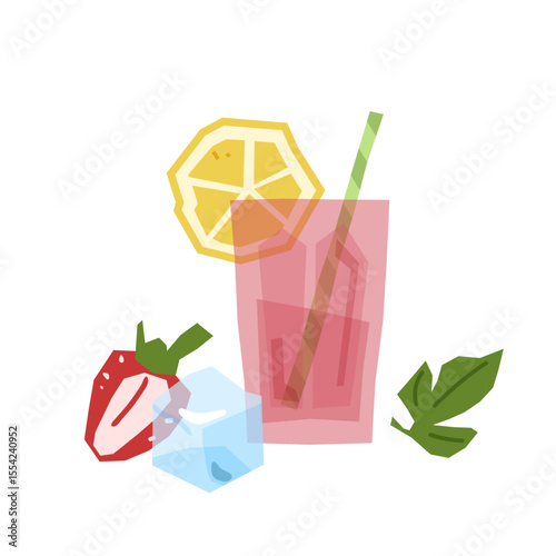 Strawberry Lemonade Drink Illustration. Refreshing pink drink with lemon slice, strawberry, ice and mint leaf. Flat vector style, bright palette, isolated on white background.