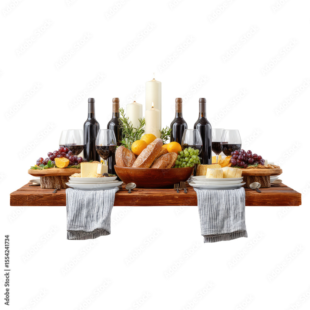 Naklejka premium Elegant Dinner Table Setting with Wine, Cheese, Fruits, and Candles for a Cozy Gathering Atmosphere