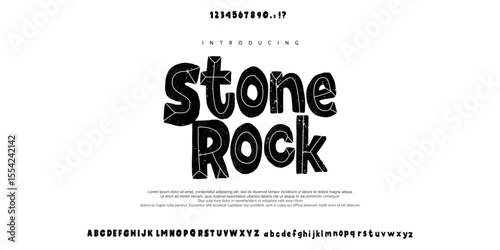 Font Stone Rock. Cartoon rock alphabet font. Stone age character letters. Seamless old black and white grunge texture. Capital letters isolated on white background. Vector objects. Line on center rock