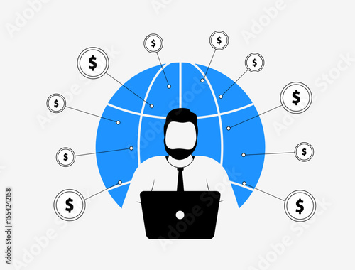Global business growth. Opening company branches, scaling franchise opportunities and driving global business expansion. International business management across continents. Vector illustration