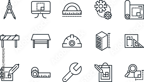 Architectural Design Precision Engineering Icons, CAD Software, Blueprint Drafting Tools, Construction, and Engineering