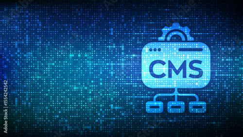 CMS. Content Management System icon made with binary code. Website and document management, web development, and digital solutions. Data integration. Digital code background with digits 1.0. Vector.