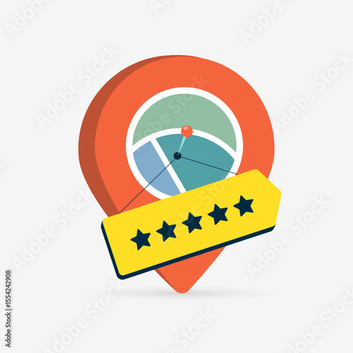 Location review rating icon helps visualize place reputation and business feedback. Location review rating icon with stars over map pin supports service ranking, travel experience vector illustration