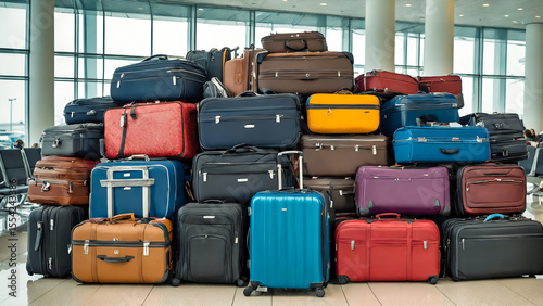 Pile of luggage at airport. Stacked suitcases in aerodrome baggage area.