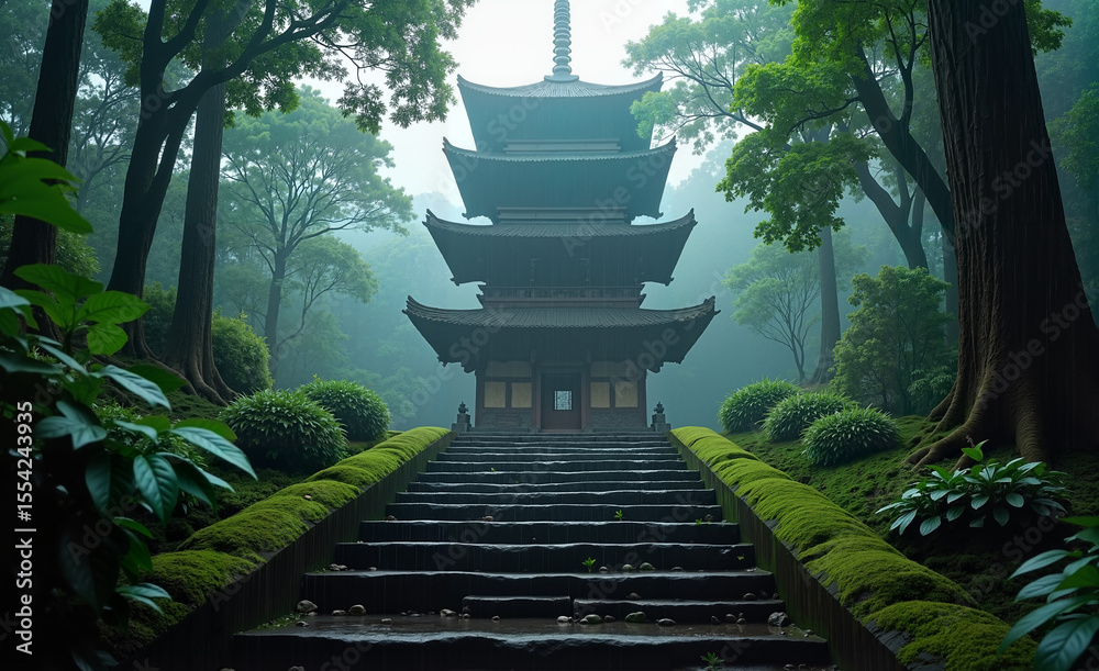 A tall ancient pagoda rising in a misty forest A tall ancient pagoda rising in a misty forest