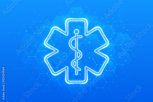 Emergency medical services icon. Emergency call. Online medical support. Medicine and healthcare application. Molecular structure. Blue medical background with hexagons. Vector illustration.