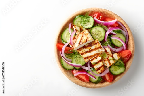Bright studio shot of grilled halloumi salad in wooden bowl