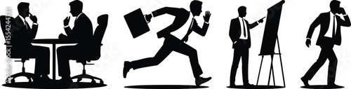 Business meeting silhouette vector set with office worker, running, talking, and presentation poses