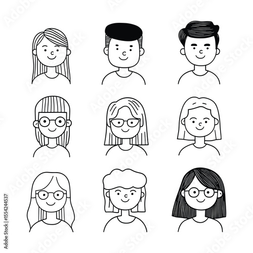 Collection of cute doodle avatar faces with smiles
