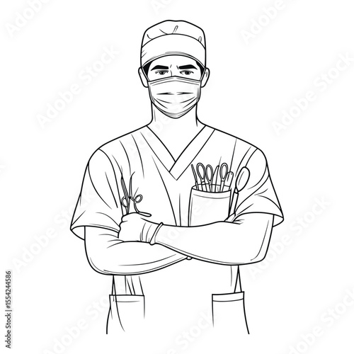 Surgeon with crossed arms and surgical tools sketch