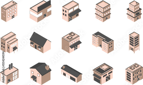 Isometric vector icon set of urban architecture, real estate, and city construction design
