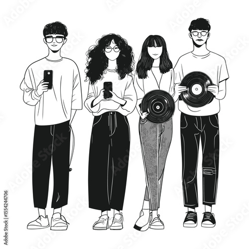 Group of young friends with phones and vinyl records