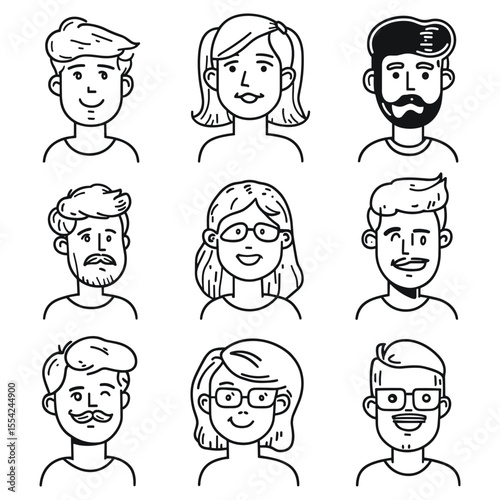 Diverse people portraits avatar set, doodle style