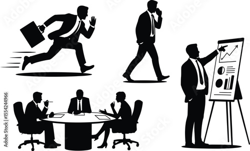 Businessman silhouette vector set with running, walking, phone call, meeting, and presentation pose