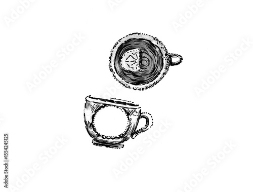Illustration of tea cups. One cup top view, filled with tea with lemon. Another cup side view, has a round hole inside, copy space. Black and gray color. Isolated on white background. Monochrome.