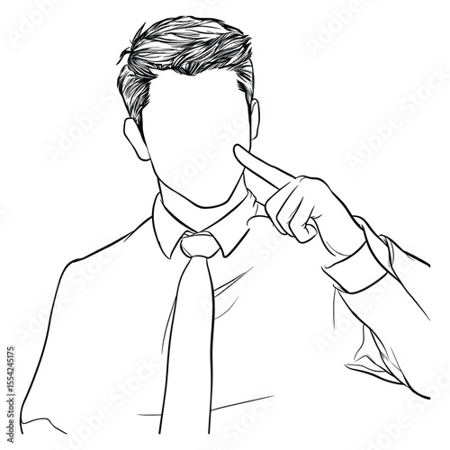 Faceless man in suit pointing at cheek, line art