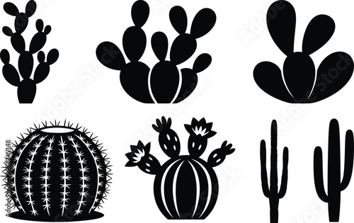 Cactus silhouette vector set with different desert plant shapes, round and tall cactus for decoration