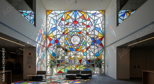 Colorful Geometric Glass Window in Modern Building Interior