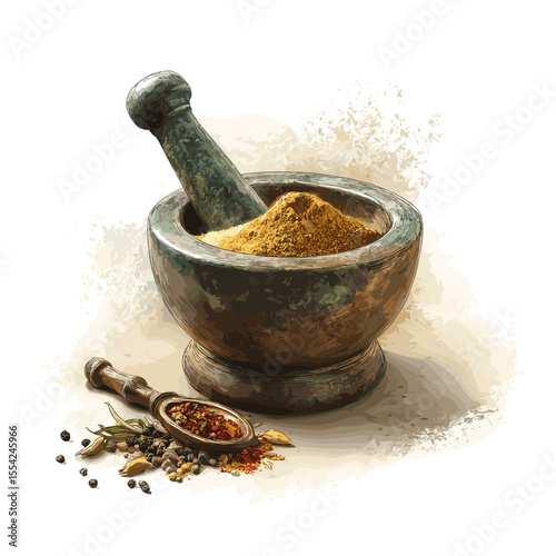 Traditional Mortar and Pestle with Ground Middle Eastern Spices