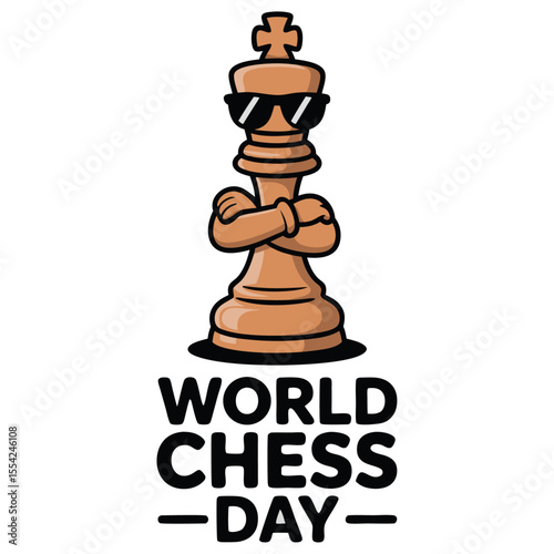 king chess coin with sunglass and world chess day text