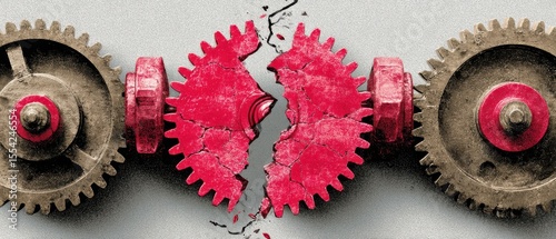 Disruption of time and passion gears breaking in industrial environment close-up viewpoint