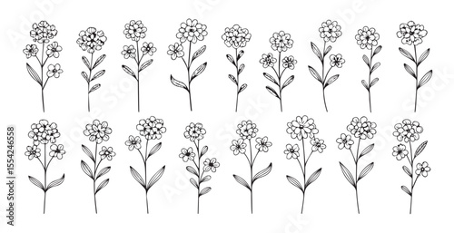 Collection of delicate floral stems with small flowers in a charming silhouette style