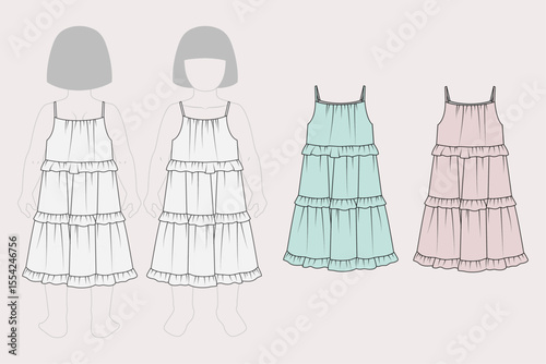 Toddler Kids Dress, Baby Girl, Sleep Full Bodysuit, Fashion Flat Sketch, Vector Illustration, CAD, Technical Drawing, Flat Drawing, Template, Mockup.