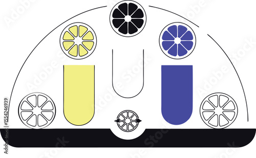 A beautiful spectrum from acidic to alkaline foods, styled as a balanced plate or color bar with stylized molecules