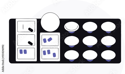 A buffet table in vector style starting neatly organized on one side and becoming chaotic