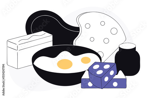 Breakfast items illustrated with visible fat molecule structures and membrane-style layering 