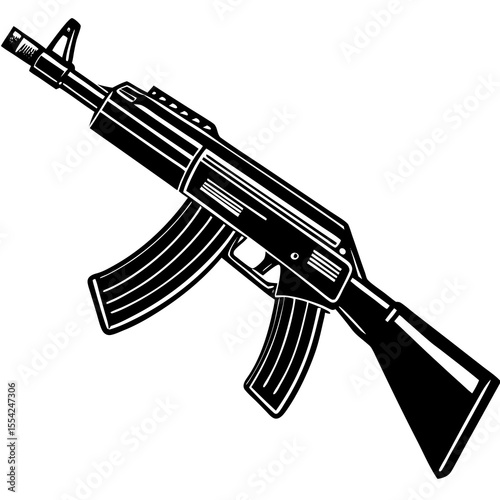 Stylized black and white illustration of an ak 47 assault rifle