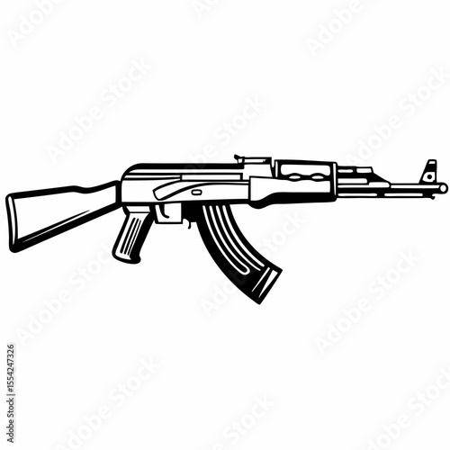 Black and white line art illustration of an ak 47 assault rifle