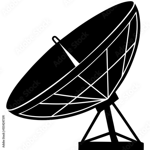 Black silhouette of a large satellite dish antenna on a white background
