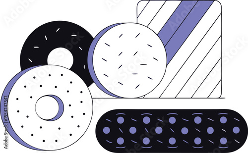 Foods like bread, mousse, or sponge cake visualized as vector air cell diagrams, mimicking microscopy cross-sections