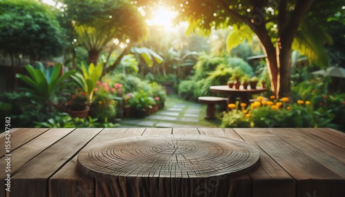 Empty wooden table with blurred garden background