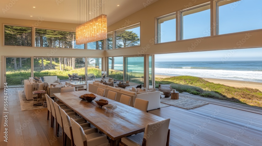 Fototapeta premium Spacious coastal dining room with panoramic ocean views.