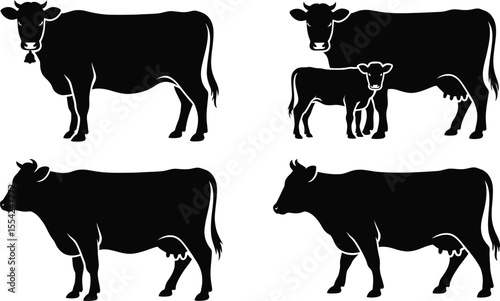 Cow and calf silhouette vector collection with standing, grazing, and walking cattle for farm and animal design
