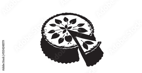 Black and white apple pie with decorative leaf and apple cutouts silhouette