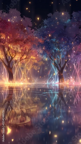 Mystical forest reflecting in a still pond, glowing trees
