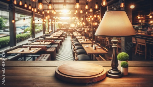 Empty wooden table with lamp on restaurant background