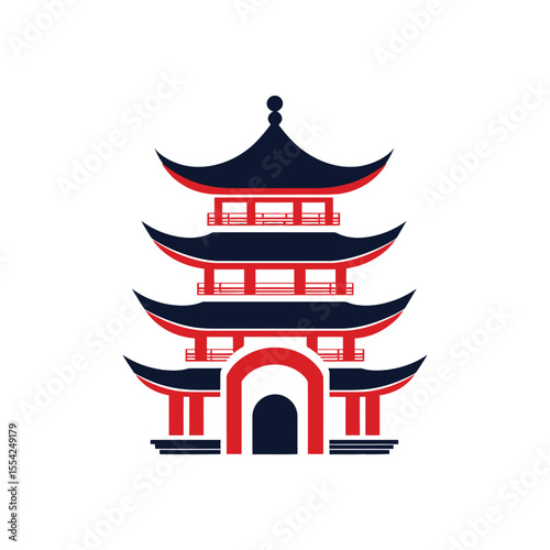 Stylized Red and Navy Blue Pagoda Illustration on White Background Architecture