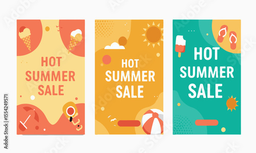 Fun and colorful summer vector set with triple layout, ideal for social feeds, product showcases, or digital shop ads