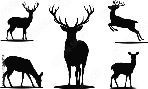 Deer silhouette vector set with standing, jumping, and grazing deer for wildlife, forest, and animal illustration