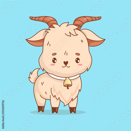 Cute Little Goat with bell. Adorable Farm Animal. Funny kawaii character. Vector illustration. Kids collection