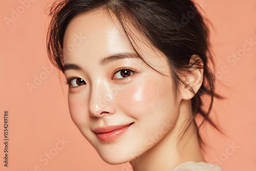 AI-generated illustration of a young Asian woman with glowing skin and a soft smile