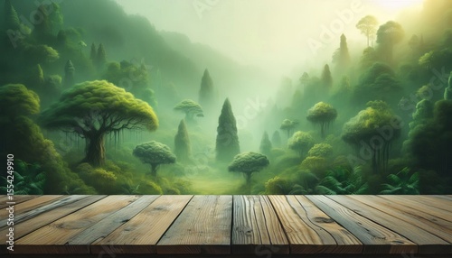 On an empty wooden table with a green tree background.