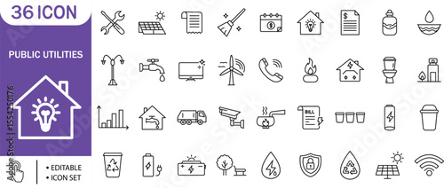Public Utilities Energy Water Electricity Solar Recycle Icon Set