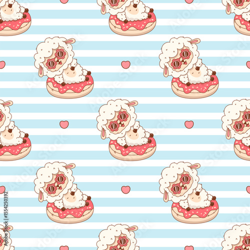 Seamless pattern with Cute summer Sheep with sunglasses floats on inflatable donut on striped blue background. Funny kawaii Farm Animal character. Vector illustration. Kids collection