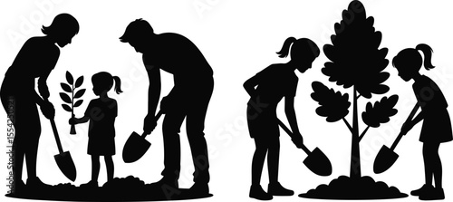 Family planting tree silhouette vector collection with parent and child gardening for environment and care design