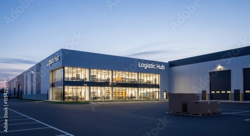 Modern Logistics Warehouse and Distribution Center Exterior View at Dusk Showcasing Offices and Loading Docks